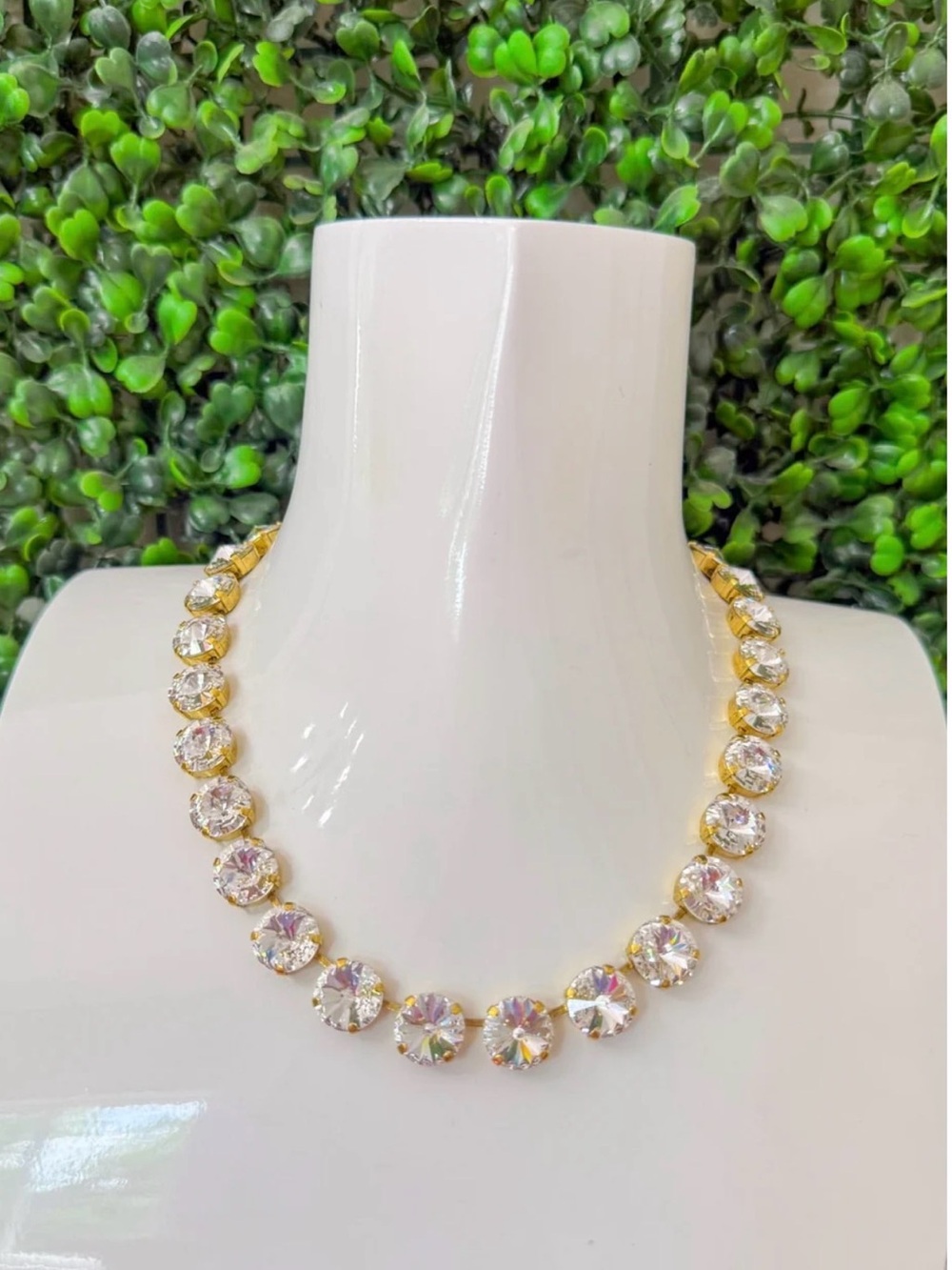Gold Crystal Round Tennis Necklace - Clear Stones